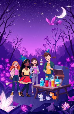 A whimsical scene depicting a vibrant, purple-themed magical teenage life