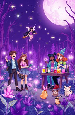 A whimsical scene depicting a vibrant, purple-themed magical teenage life