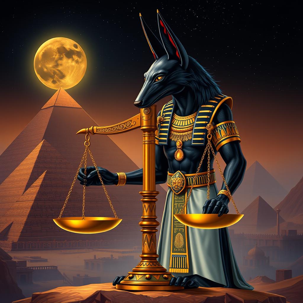 Anubis, the ancient Egyptian god, portrayed with a striking black jackal head, standing majestically beside a large balance scale