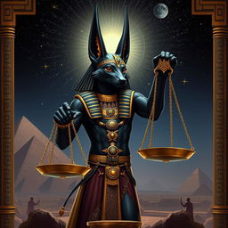 Anubis, the ancient Egyptian god, portrayed with a striking black jackal head, standing majestically beside a large balance scale