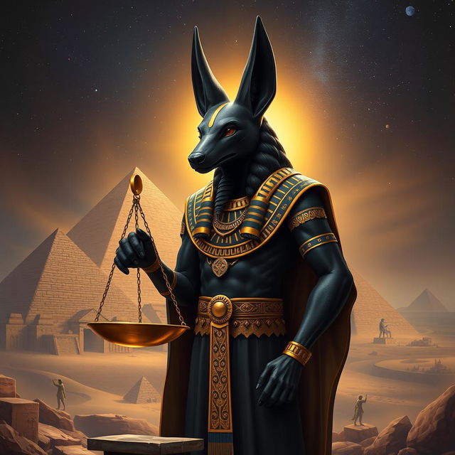 Anubis, the ancient Egyptian god, portrayed with a striking black jackal head, standing majestically beside a large balance scale