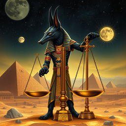 Anubis, the ancient Egyptian god, portrayed with a striking black jackal head, standing majestically beside a large balance scale