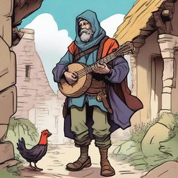 A vivid, high-quality comic-style illustration portraying a homeless vagrant as a fantasy Dungeons and Dragons bard in a medieval village