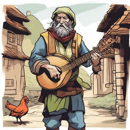 A vivid, high-quality comic-style illustration portraying a homeless vagrant as a fantasy Dungeons and Dragons bard in a medieval village