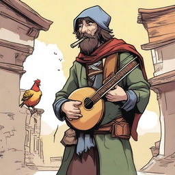 A vivid, high-quality comic-style illustration portraying a homeless vagrant as a fantasy Dungeons and Dragons bard in a medieval village