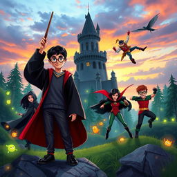 A unique crossover scene featuring characters from Harry Potter and Teen Titans in a fantastical setting