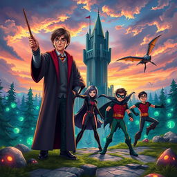 A unique crossover scene featuring characters from Harry Potter and Teen Titans in a fantastical setting