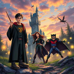 A unique crossover scene featuring characters from Harry Potter and Teen Titans in a fantastical setting