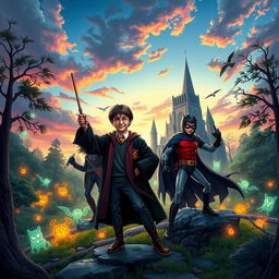 A unique crossover scene featuring characters from Harry Potter and Teen Titans in a fantastical setting