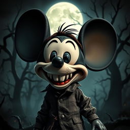 A spooky, eerie representation of a classic cartoon character resembling Mickey Mouse, depicted in a haunted setting with dark shadows and ominous elements