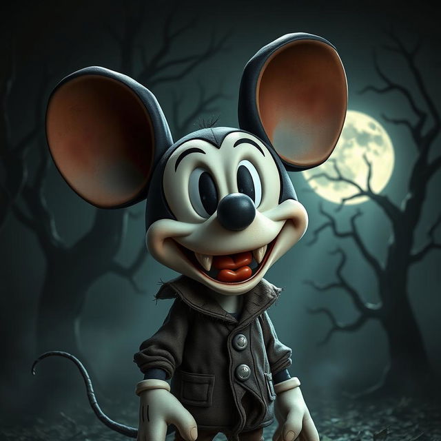 A spooky, eerie representation of a classic cartoon character resembling Mickey Mouse, depicted in a haunted setting with dark shadows and ominous elements