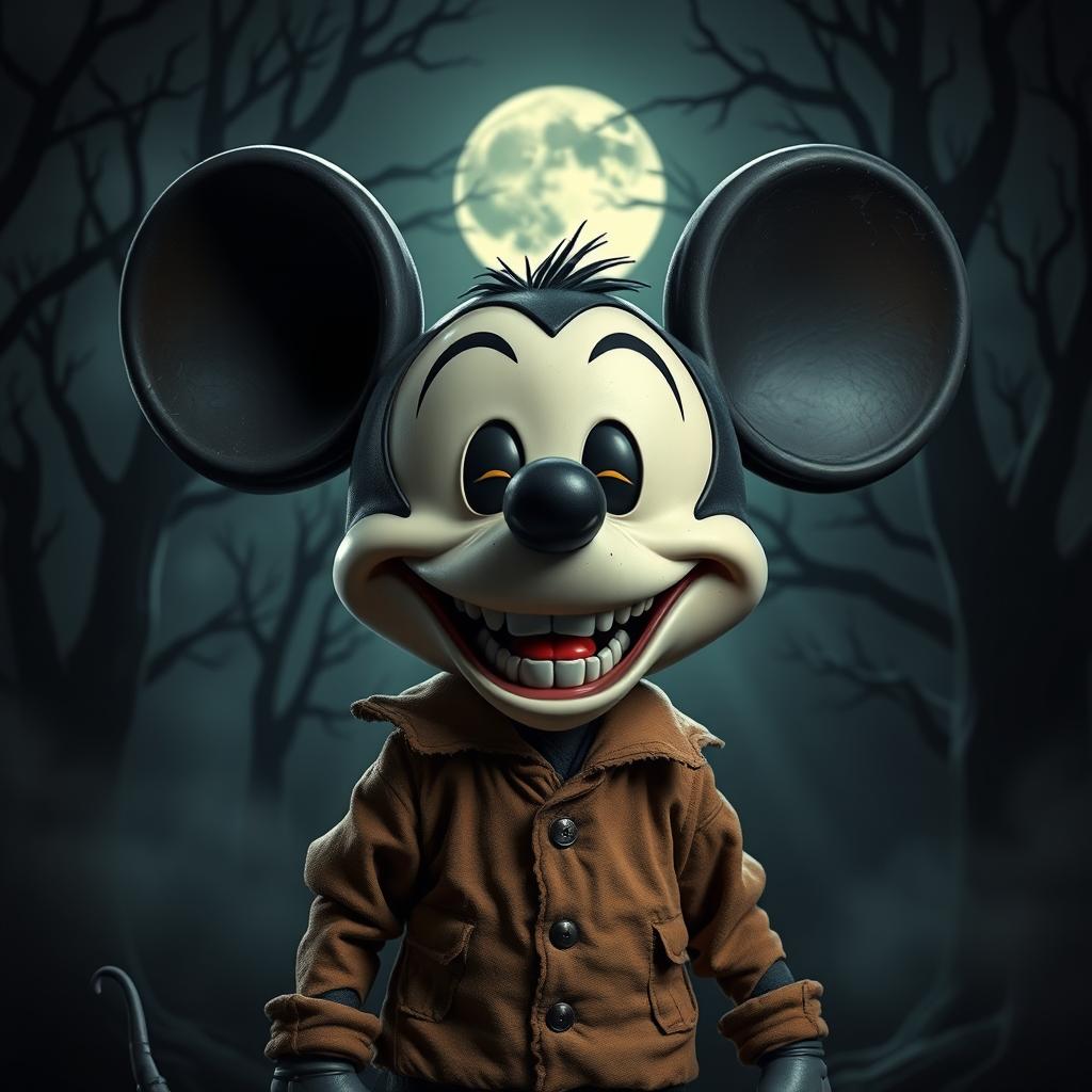 A spooky, eerie representation of a classic cartoon character resembling Mickey Mouse, depicted in a haunted setting with dark shadows and ominous elements