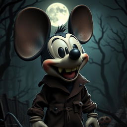 A spooky, eerie representation of a classic cartoon character resembling Mickey Mouse, depicted in a haunted setting with dark shadows and ominous elements
