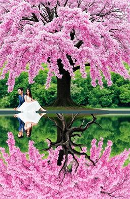 A serene scene featuring a vibrant cherry blossom tree in full bloom, its pink flowers delicately cascading down