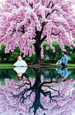 A serene scene featuring a vibrant cherry blossom tree in full bloom, its pink flowers delicately cascading down