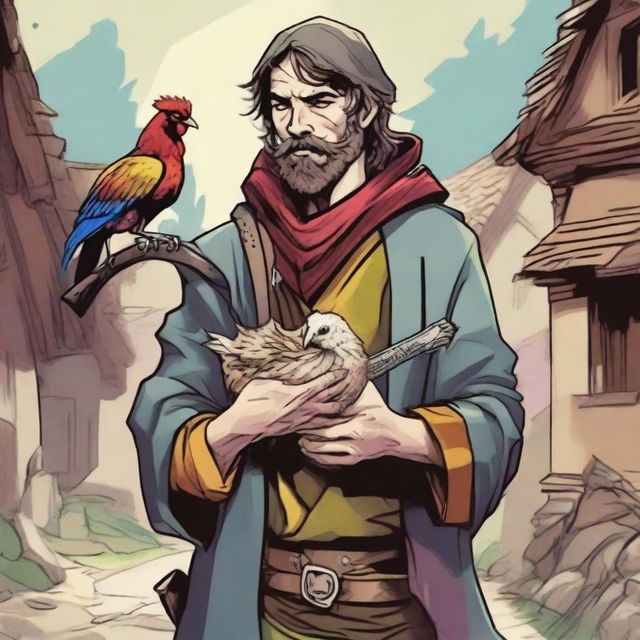 A vivid, high-quality comic-style illustration portraying a homeless vagrant as a fantasy Dungeons and Dragons bard in a medieval village