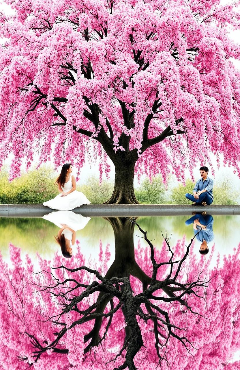 A serene scene featuring a vibrant cherry blossom tree in full bloom, its pink flowers delicately cascading down