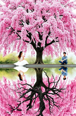 A serene scene featuring a vibrant cherry blossom tree in full bloom, its pink flowers delicately cascading down