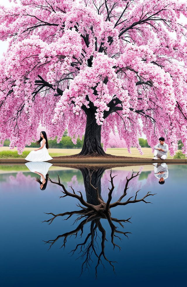 A serene scene featuring a vibrant cherry blossom tree in full bloom, its pink flowers delicately cascading down