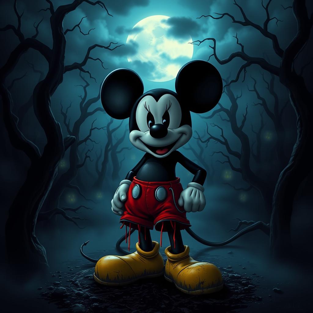 A spooky interpretation of Mickey Mouse in a horror movie scene