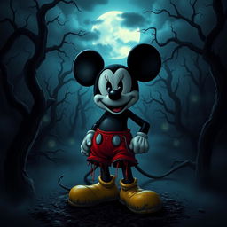 A spooky interpretation of Mickey Mouse in a horror movie scene