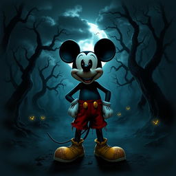 A spooky interpretation of Mickey Mouse in a horror movie scene