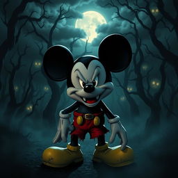 A spooky interpretation of Mickey Mouse in a horror movie scene