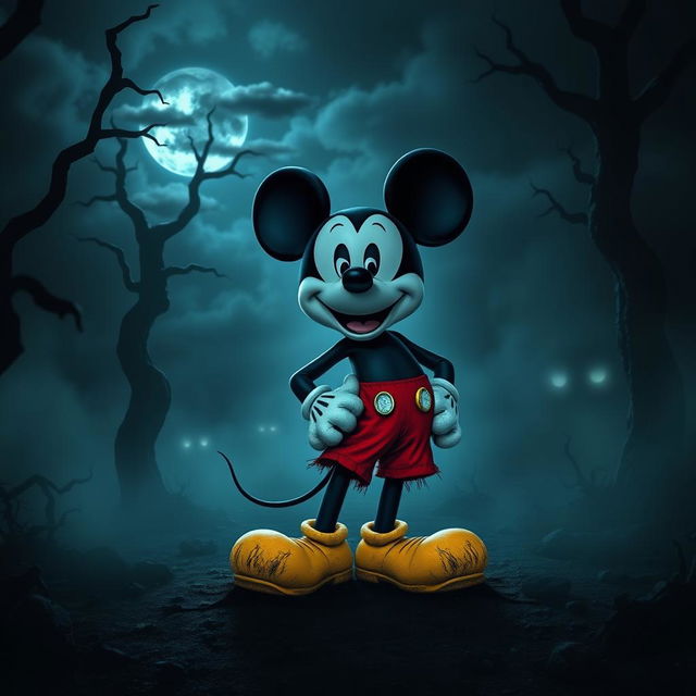 A spooky interpretation of Mickey Mouse in a horror movie scene