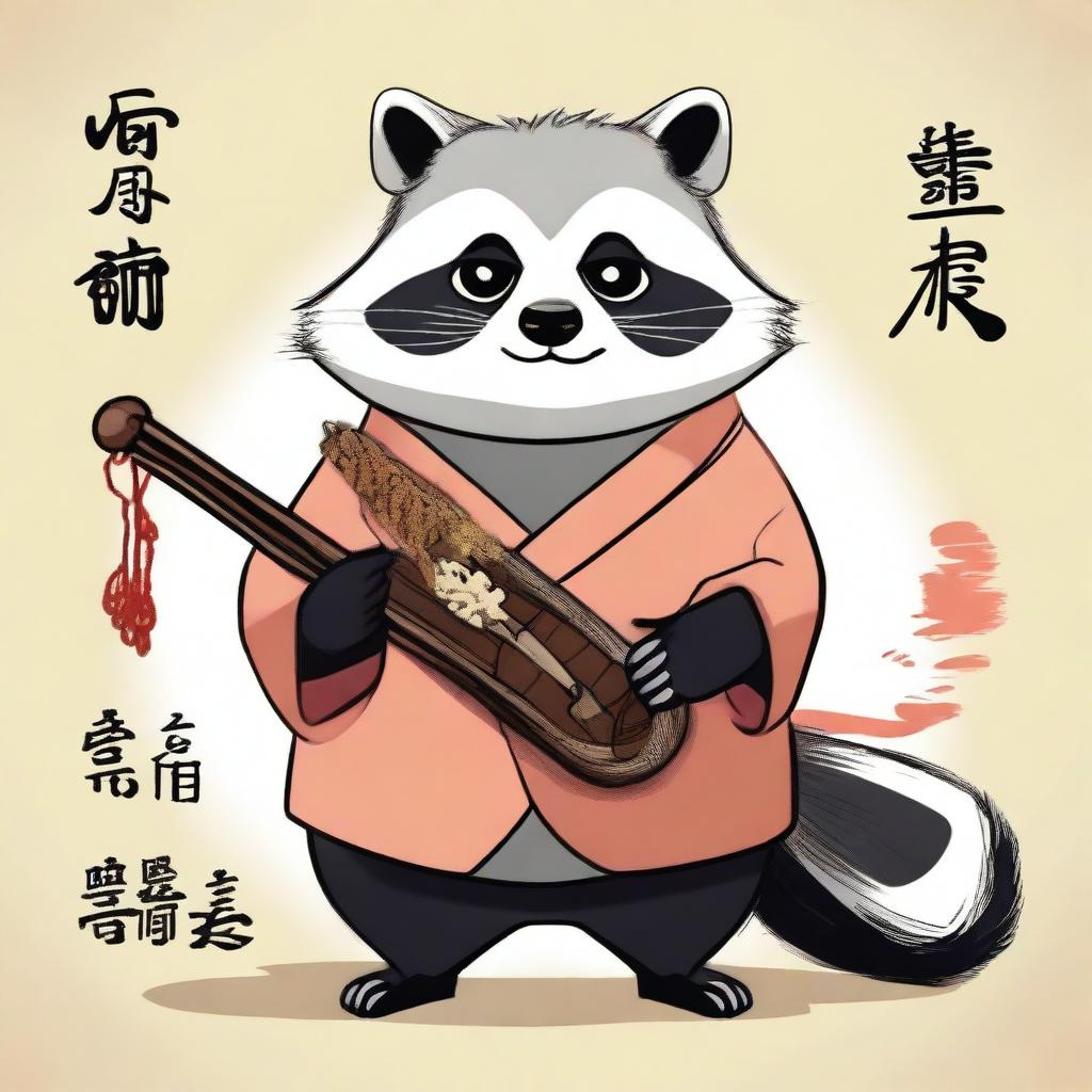 A charming digital illustration of a fluffy, chubby raccoon, dressed in modest attire, holding a Taoist ritual instrument