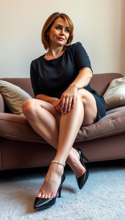 A full body shot of a 40-year-old European teacher with white skin and a busty figure, sitting on a plush couch while crossing her legs