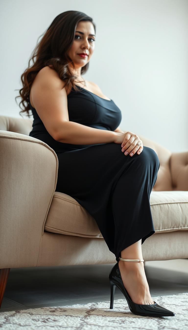 A full body shot of a 40-year-old Arab teacher with white skin and a busty figure, sitting on a plush couch while crossing her legs