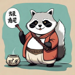 A charming digital illustration of a fluffy, chubby raccoon, dressed in modest attire, holding a Taoist ritual instrument