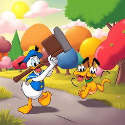 Donald Duck wielding a large axe, humorously chasing Pluto in a vibrant cartoon landscape filled with colorful trees and cheerful clouds