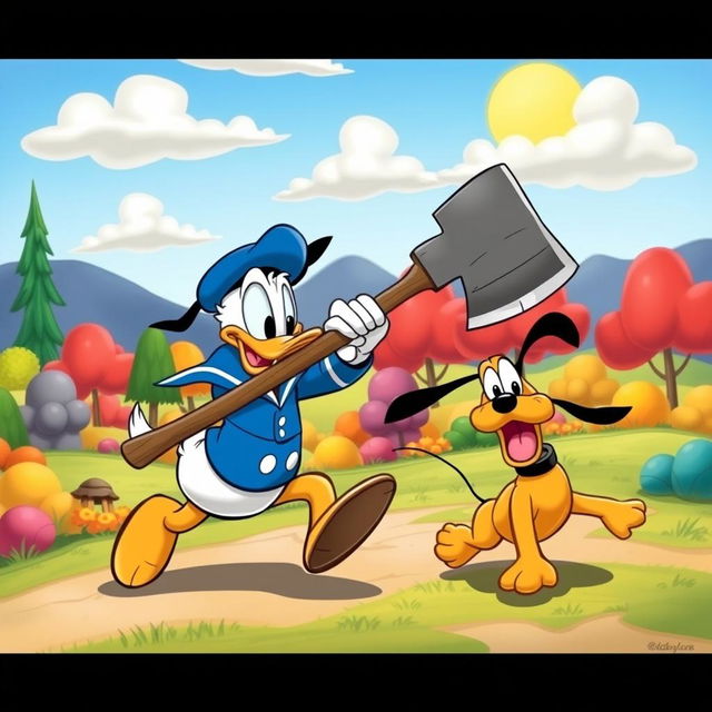 Donald Duck wielding a large axe, humorously chasing Pluto in a vibrant cartoon landscape filled with colorful trees and cheerful clouds