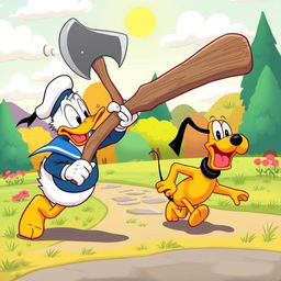 Donald Duck wielding a large axe, humorously chasing Pluto in a vibrant cartoon landscape filled with colorful trees and cheerful clouds