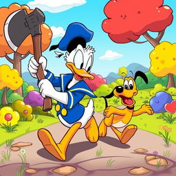 Donald Duck wielding a large axe, humorously chasing Pluto in a vibrant cartoon landscape filled with colorful trees and cheerful clouds