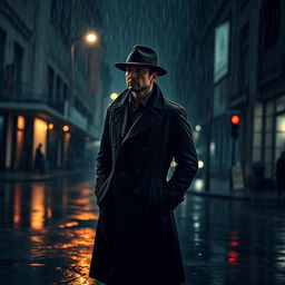 A dark and moody rainy background featuring heavy rain pouring down, puddles forming on the street, with a focus on a man in a stylish trench coat and a fedora hat standing confidently