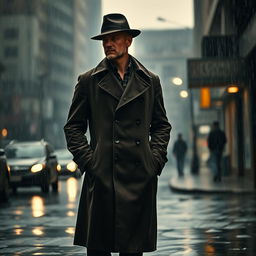 A dark and moody rainy background featuring heavy rain pouring down, puddles forming on the street, with a focus on a man in a stylish trench coat and a fedora hat standing confidently