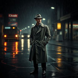 A dark and moody rainy background featuring heavy rain pouring down, puddles forming on the street, with a focus on a man in a stylish trench coat and a fedora hat standing confidently