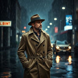 A dark and moody rainy background featuring heavy rain pouring down, puddles forming on the street, with a focus on a man in a stylish trench coat and a fedora hat standing confidently