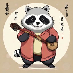 A charming digital illustration of a fluffy, chubby raccoon, dressed in modest attire, holding a Taoist ritual instrument