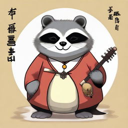 A charming digital illustration of a fluffy, chubby raccoon, dressed in modest attire, holding a Taoist ritual instrument