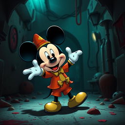 A surreal and whimsical crossover scene featuring a cartoonish character resembling Mickey Mouse, dressed in a playful, colorful outfit, playfully interacting in a contrasting dark and eerie environment reminiscent of the Saw movie series