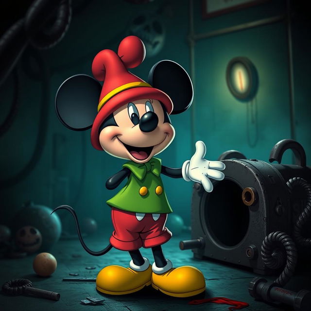 A surreal and whimsical crossover scene featuring a cartoonish character resembling Mickey Mouse, dressed in a playful, colorful outfit, playfully interacting in a contrasting dark and eerie environment reminiscent of the Saw movie series