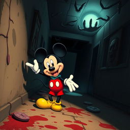 A surreal and whimsical crossover scene featuring a cartoonish character resembling Mickey Mouse, dressed in a playful, colorful outfit, playfully interacting in a contrasting dark and eerie environment reminiscent of the Saw movie series
