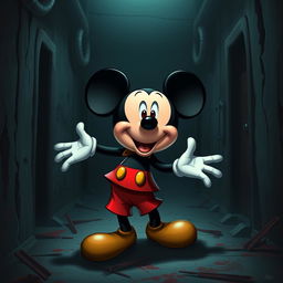A surreal and whimsical crossover scene featuring a cartoonish character resembling Mickey Mouse, dressed in a playful, colorful outfit, playfully interacting in a contrasting dark and eerie environment reminiscent of the Saw movie series