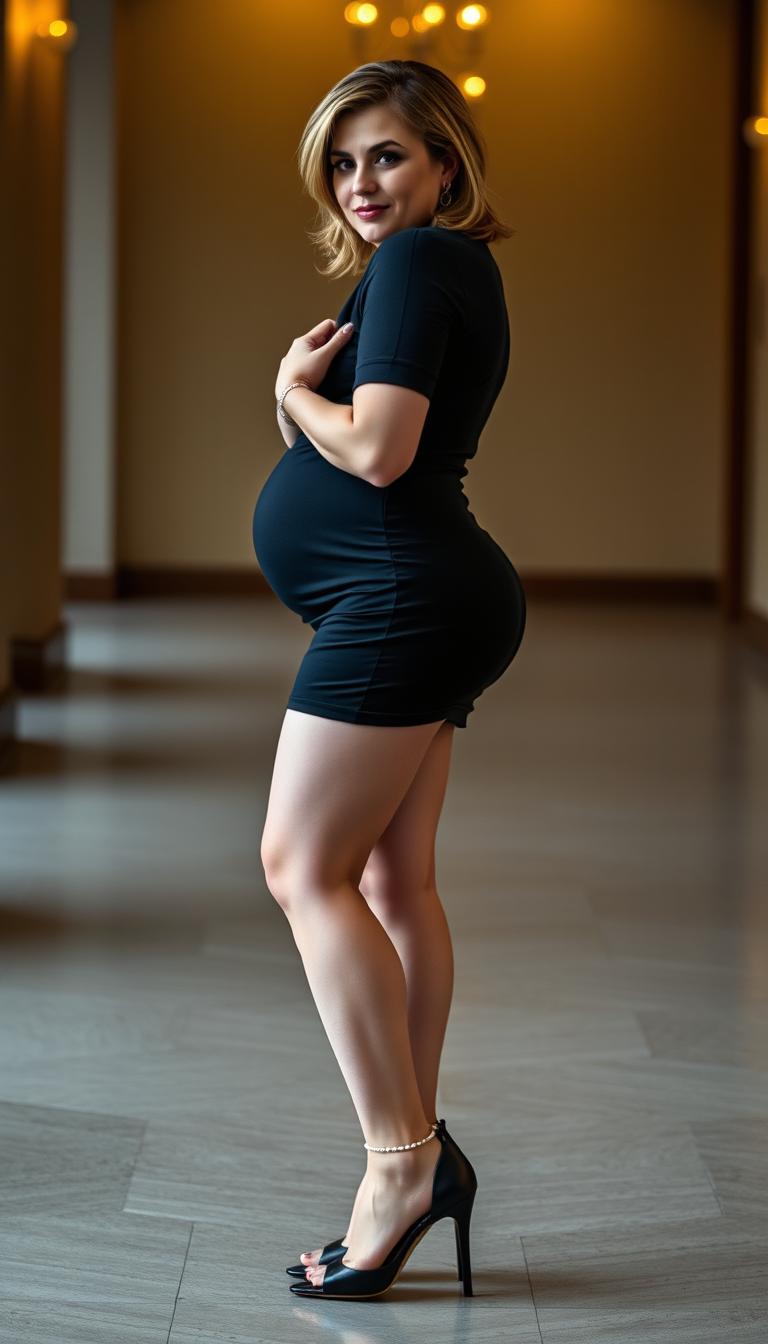 A full body shot of a 40-year-old Irish teacher with white skin and a busty figure, standing confidently while wearing high classy black heels that enhance her legs