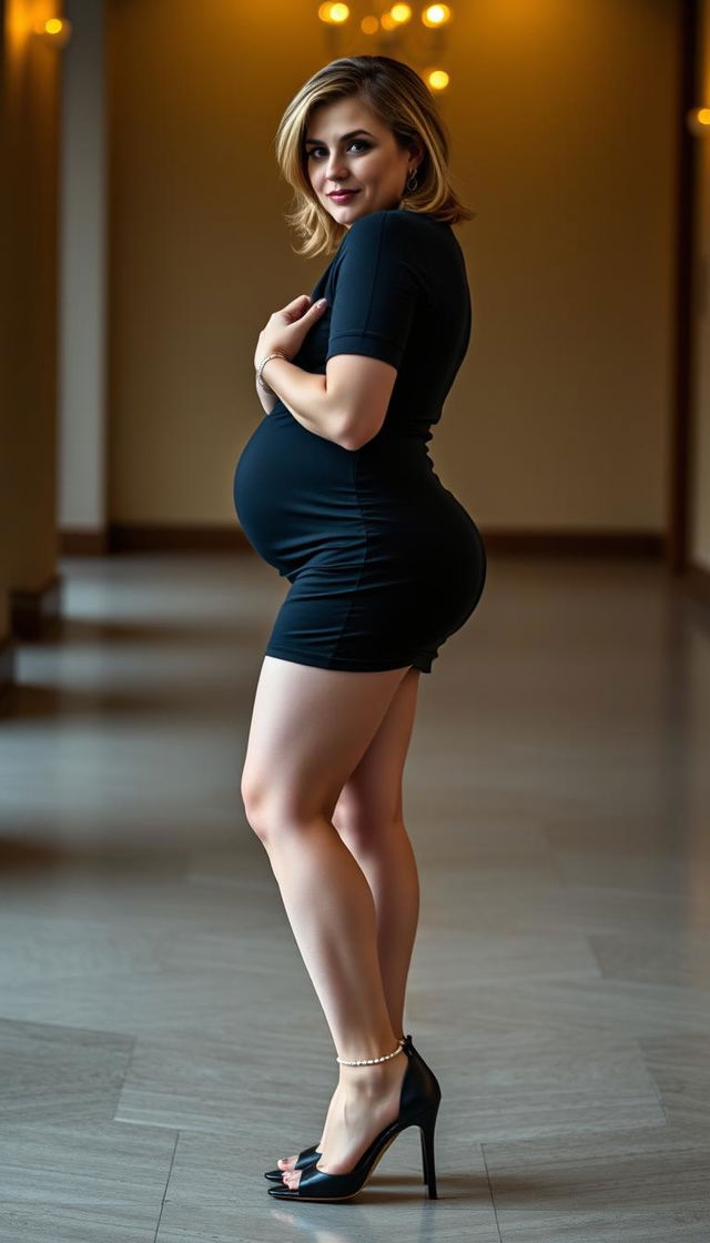 A full body shot of a 40-year-old Irish teacher with white skin and a busty figure, standing confidently while wearing high classy black heels that enhance her legs