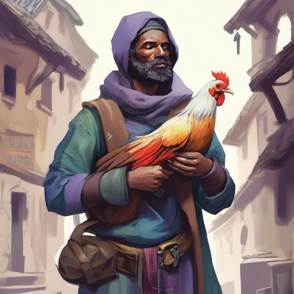 A striking, high-quality illustration that portrays a homeless vagrant as a fantasy Dungeons and Dragons bard in a medieval village