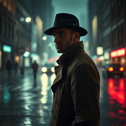 A solitary man in a trench coat and fedora hat stands in the middle of a rainy city scene, looking straight ahead